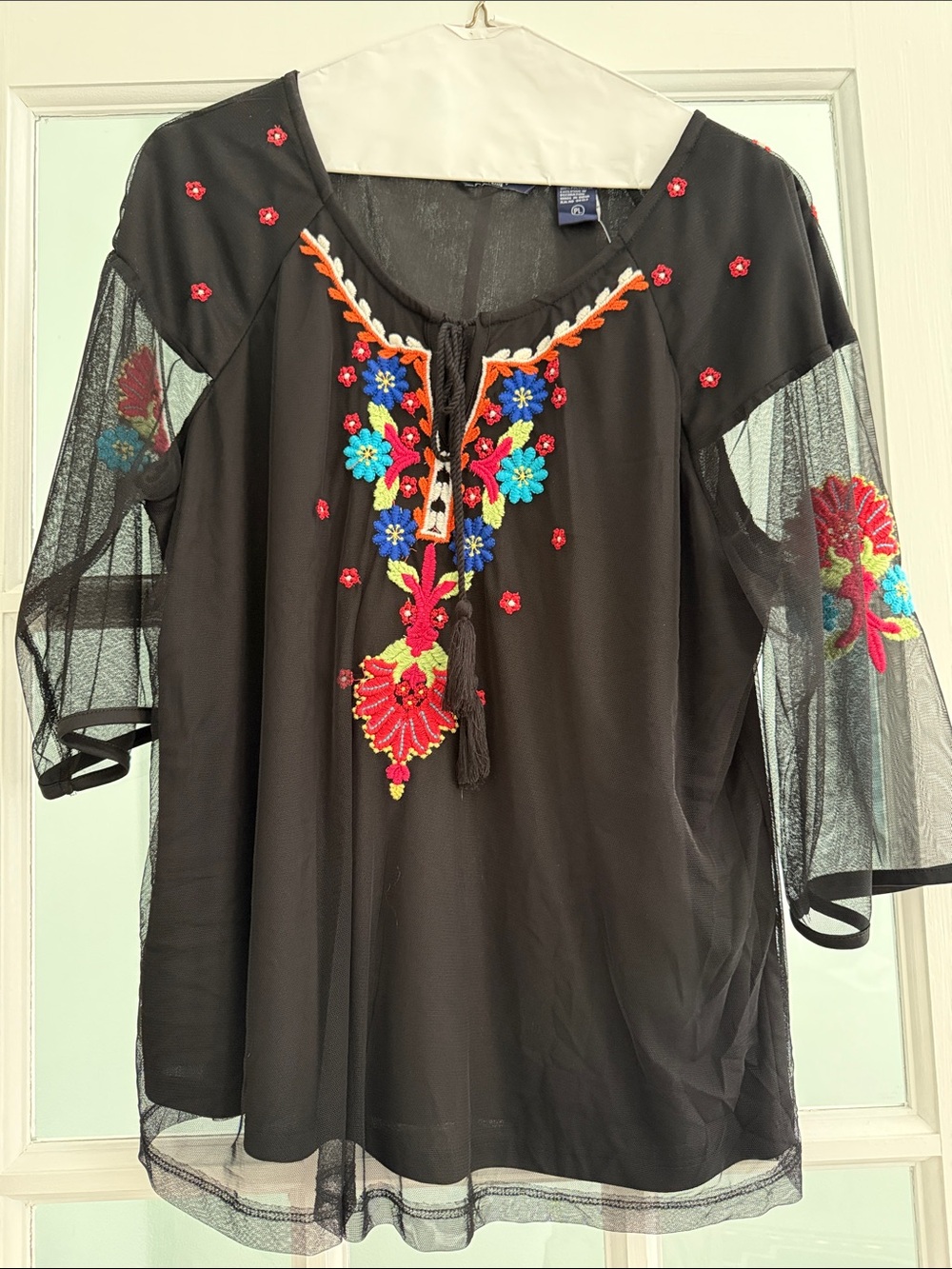 Ladies Black Embroidered Mesh Tunic with Multicolor Floral Detail, Sz. Petite L